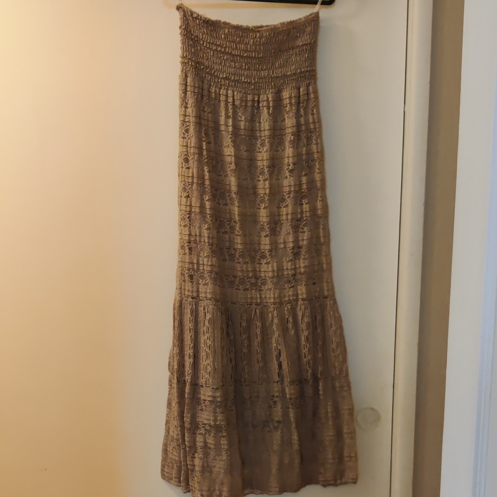 Espresso Boho Lace Maxi Dress in Taupe Elastic Top Lined Strapless Size M